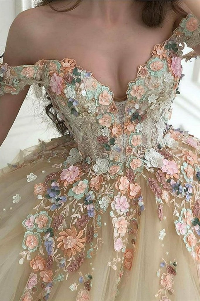 Gorgeous Off Shoulder Champagne Lace Floral Prom Dress, Long 3D Flower Simplepromdress Gorgeous Off Shoulder Champagne Lace Floral Prom Dress, Long 3D Flower Simplepromdress