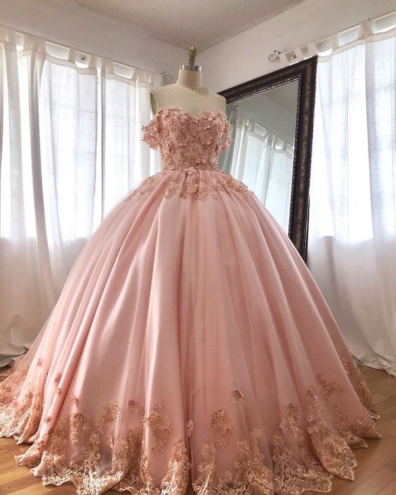 Pink Embroidered Lace Quinceanera Dresses Ball Gowns, Long Prom Dress Simplepromdress Pink Embroidered Lace Quinceanera Dresses Ball Gowns, Long Prom Dress Simplepromdress