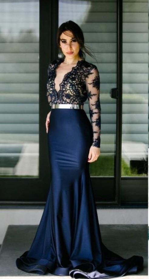 Sexy Sheer Deep V Neck Mermaid Prom Dresses Lace Applique Royal Evening Dress Sweep Train Party Gowns Prom Dresses S5948