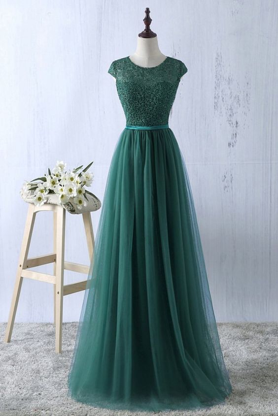 Green tulle lace top round neck long evening dresses ,simple formal dr Simplepromdress Green tulle lace top round neck long evening dresses ,simple formal dr Simplepromdress