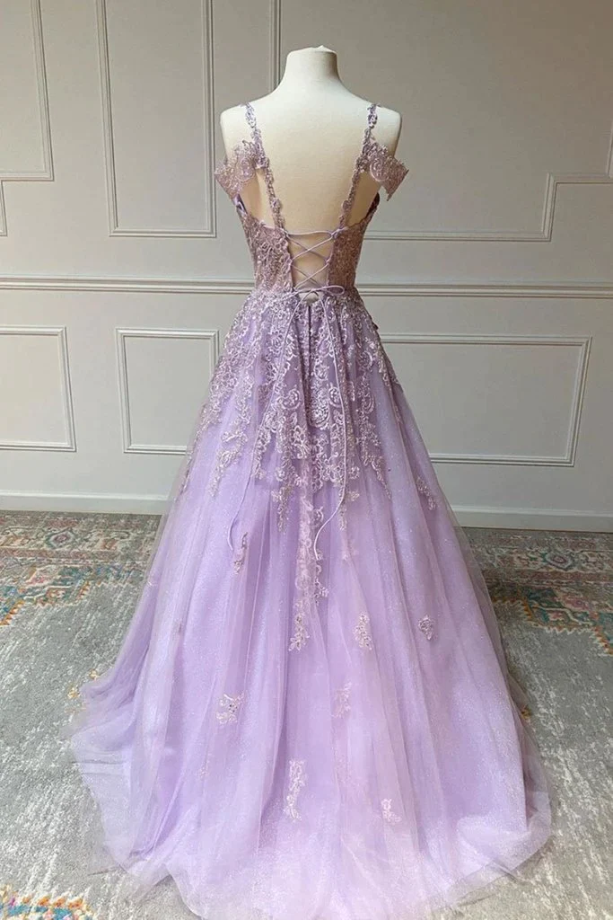 Purple v neck tulle lace long prom dress purple lace formal dress Y1801