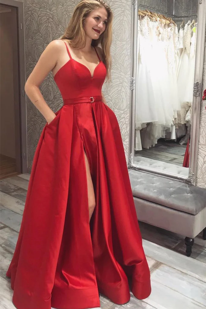 Simple V Neck Red Satin Long Prom Dress with High Slit, V Neck Red For Simplepromdress Simple V Neck Red Satin Long Prom Dress with High Slit, V Neck Red For Simplepromdress