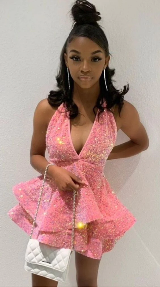 Halter Neck Pink Sequins Party Dress Back To School Dress Y17