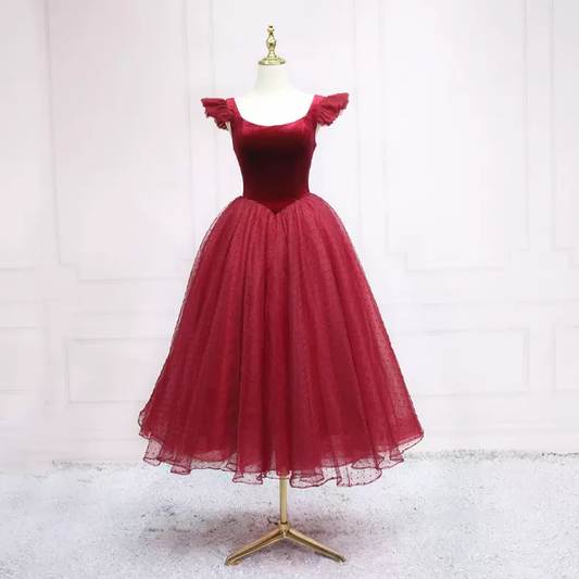 Burgundy Tea Length Party Dress Holiday Dress s06