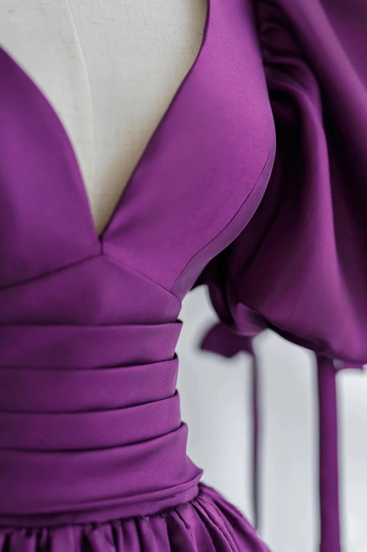 Purple Puff Sleeves Satin Long Prom Dress, V-Neck Evening Dress Y856