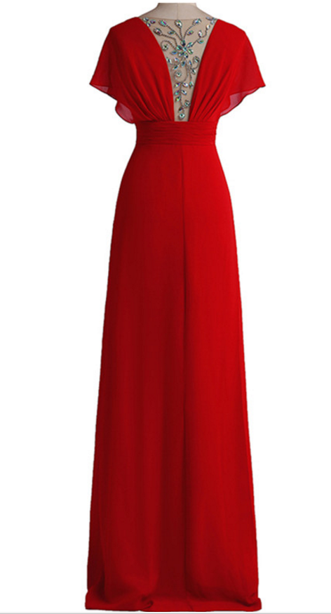 Sexy deep v-neck red evening dress, dress chiffon crystal back formal evening dress gown Y1005