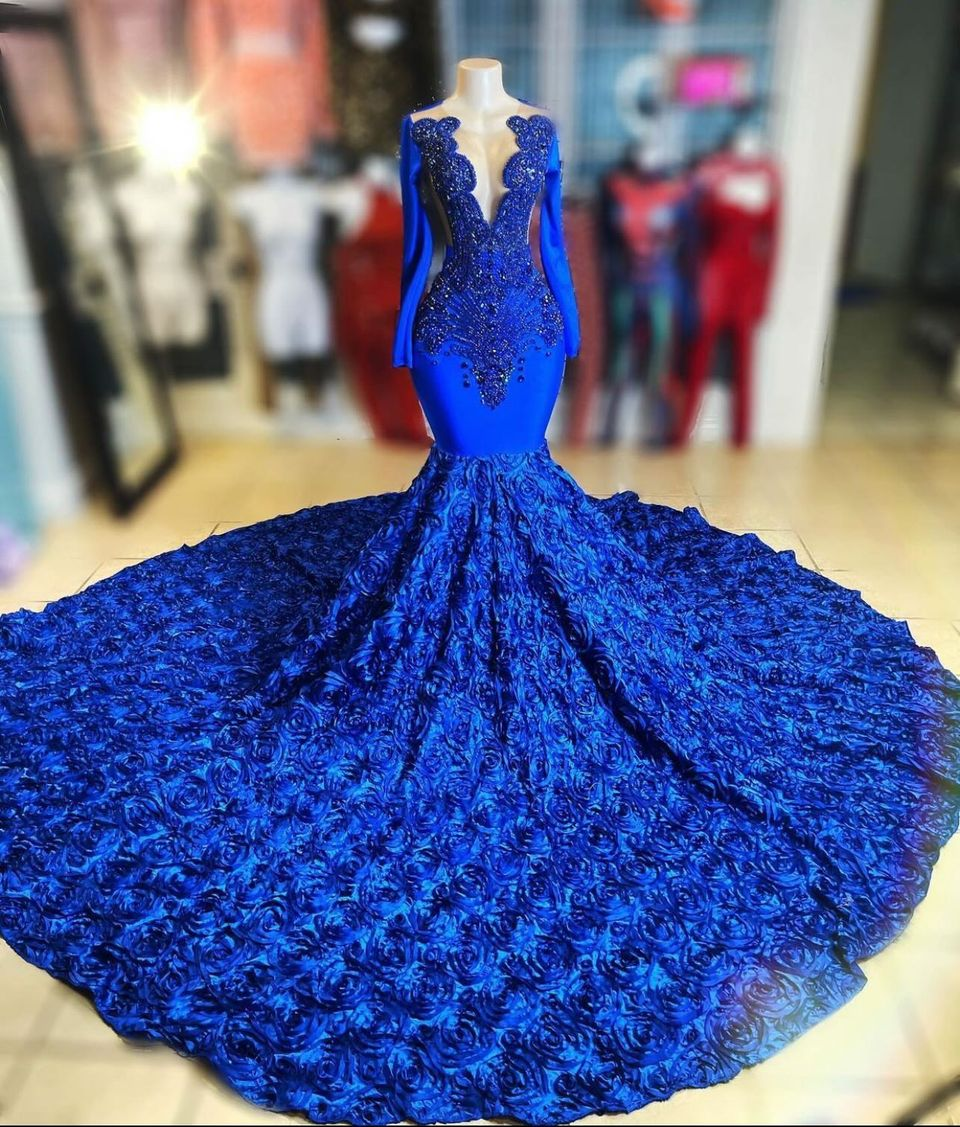 Royal blue long on sale sleeve mermaid prom dress