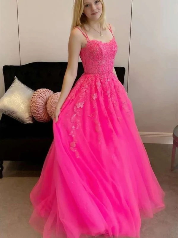 Open Back Hot Pink Tulle Lace Long Prom Dresses, Hot Pink Lace Formal Simplepromdress Open Back Hot Pink Tulle Lace Long Prom Dresses, Hot Pink Lace Formal Simplepromdress