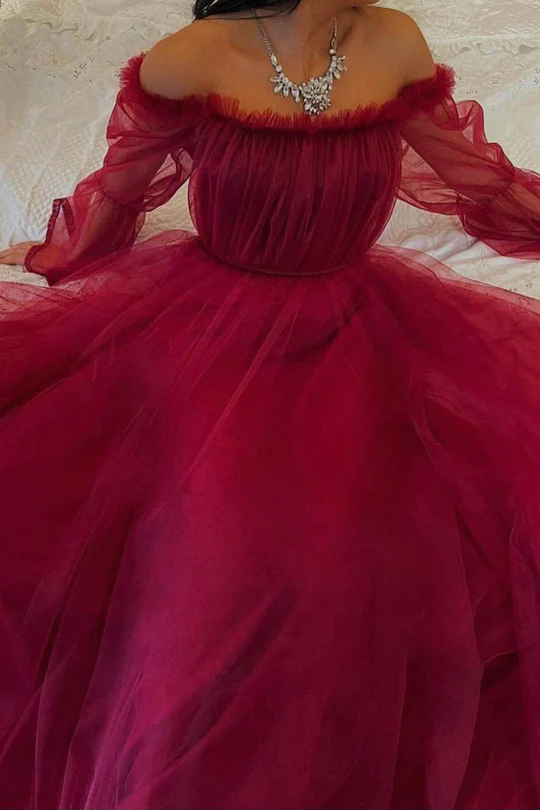 Burgundy Tulle Evening Dress With Long Sleeves Y503