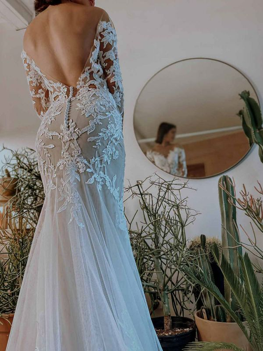 White Wedding Dress Illusion Neckline Long Sleeves Backless Natural Waist Lace With Train Long Bridal Mermaid Dress Y101