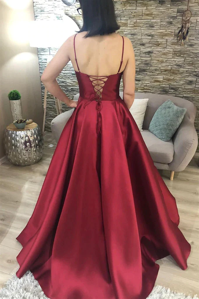 V Neck Open Back Burgundy Satin Long Prom Dress, V Neck Burgundy Formal Graduation Evening Dress Y210