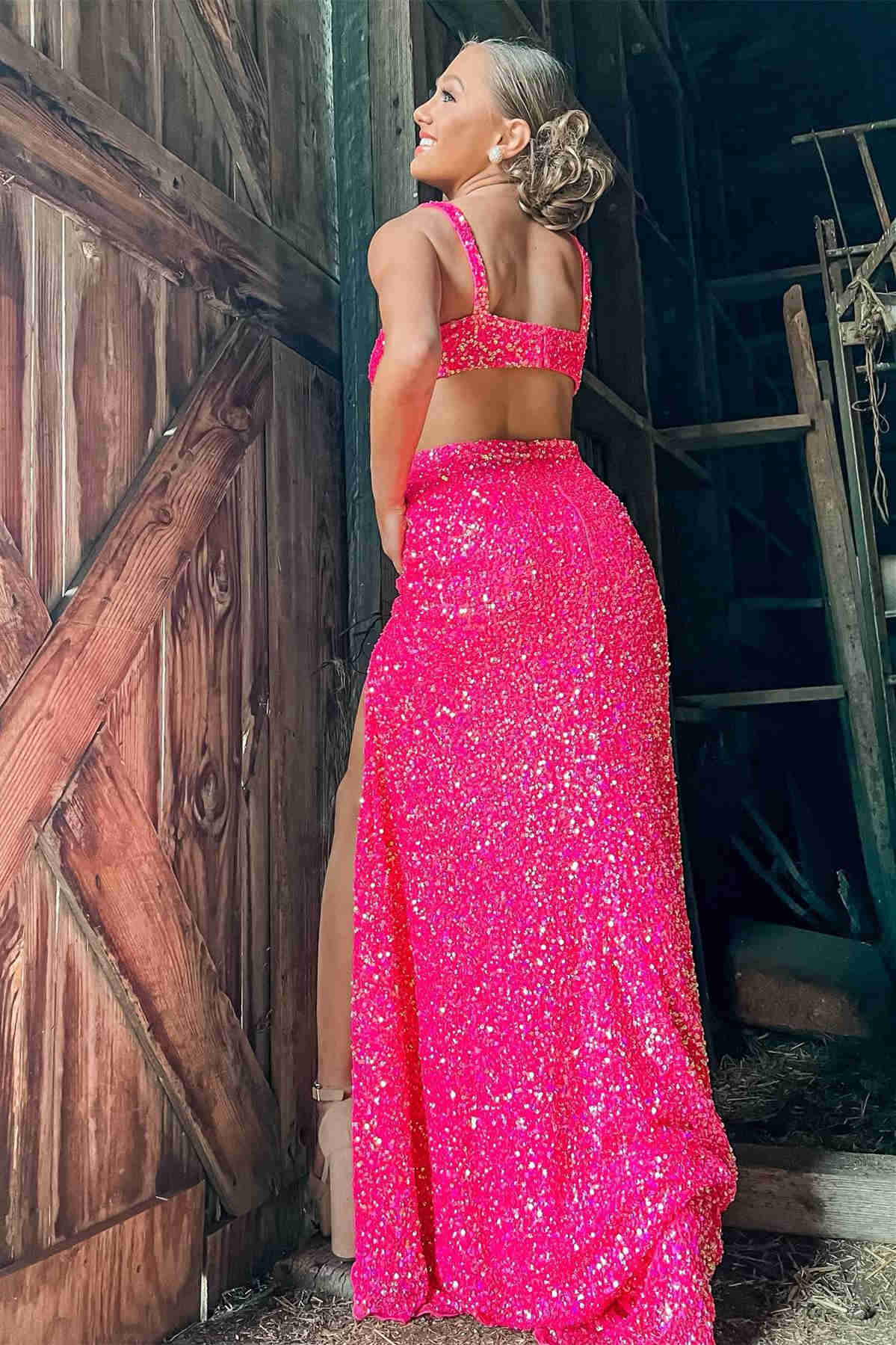 V-Neck Hot Pink Sequined Prom Dress with Slit Y1685