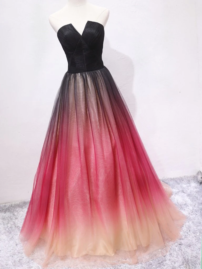 Strapless A Line V Neck Open Back Ombre Long Prom Dresses, Long Ombre – Simplepromdress Strapless A Line V Neck Open Back Ombre Long Prom Dresses, Long Ombre – Simplepromdress