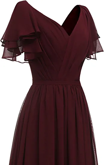 Leaf Sleeve Bridesmaid Dress V Neck Chiffon Long Formal Wedding Evening Dress Y1206