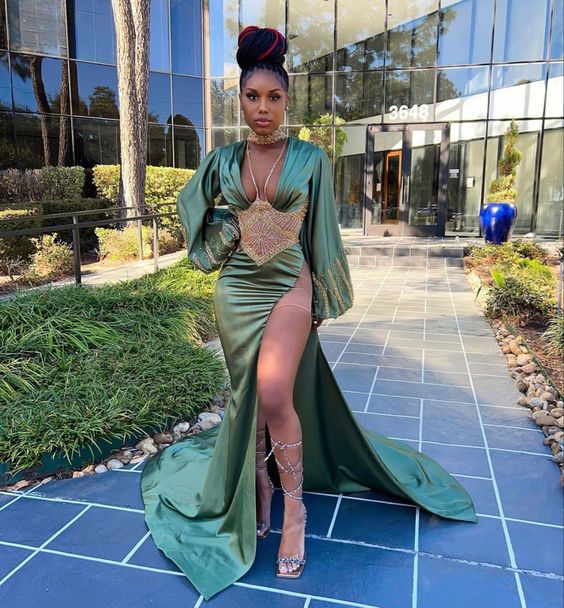 Green Mermaid Prom Dress With High Split Puff Sleeves Long Dress Y65 Simplepromdress Green Mermaid Prom Dress With High Split Puff Sleeves Long Dress Y65 Simplepromdress