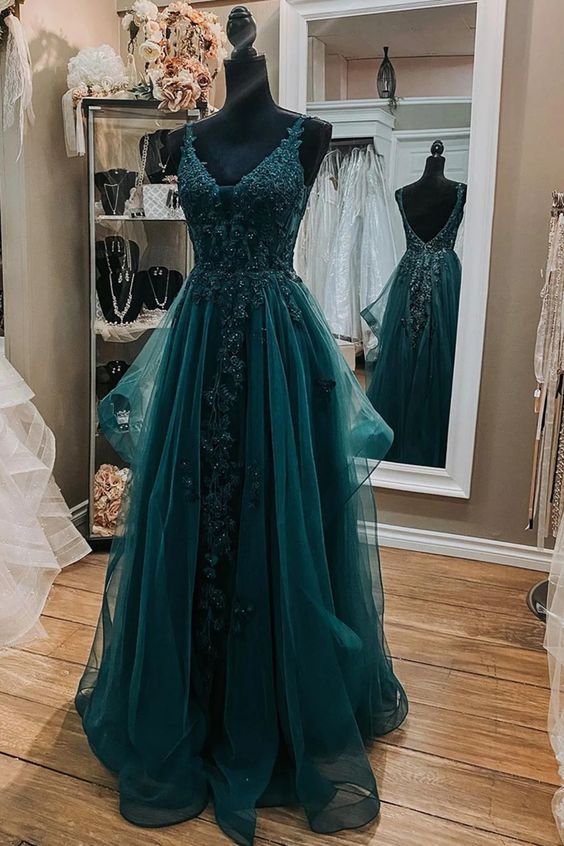 V Neck Open Back Dark Green Lace Beaded Long Prom Dresses, Dark Green Simplepromdress V Neck Open Back Dark Green Lace Beaded Long Prom Dresses, Dark Green Simplepromdress