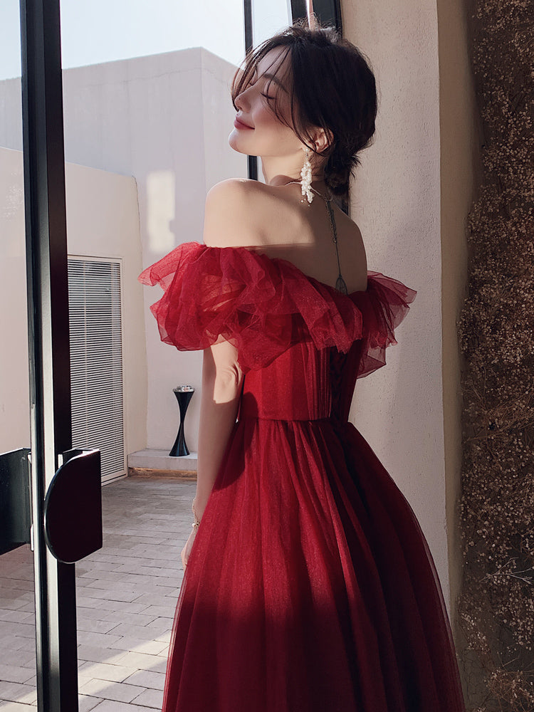 Dark Red Long Formal Gown, Off Shoulder Dark Red Prom Dress Y1653