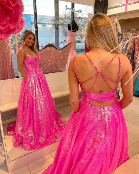 Sparkly Ball Gown V Neck Hot Pink Sequins Long Prom Dress with Beading Simplepromdress Sparkly Ball Gown V Neck Hot Pink Sequins Long Prom Dress with Beading Simplepromdress