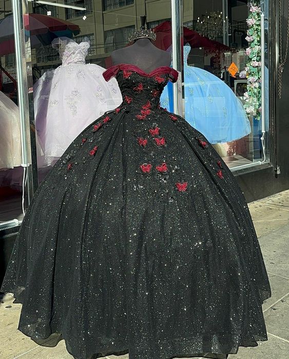 Glitter Black With Burgundy Butterflies Quinceanera Dress Sweet 16 Dre Simplepromdress Glitter Black With Burgundy Butterflies Quinceanera Dress Sweet 16 Dre Simplepromdress