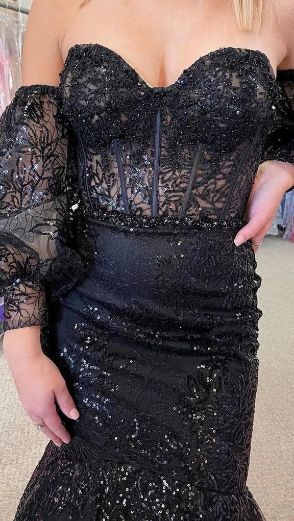Charming Black Lace Mermaid Prom Dresses,Sexy Black Formal Gown Y1496
