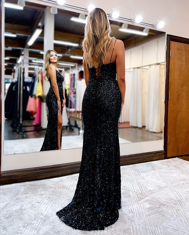 Black Mermaid V Neck Straps Sequins Long Prom Dresses with Slit Y999