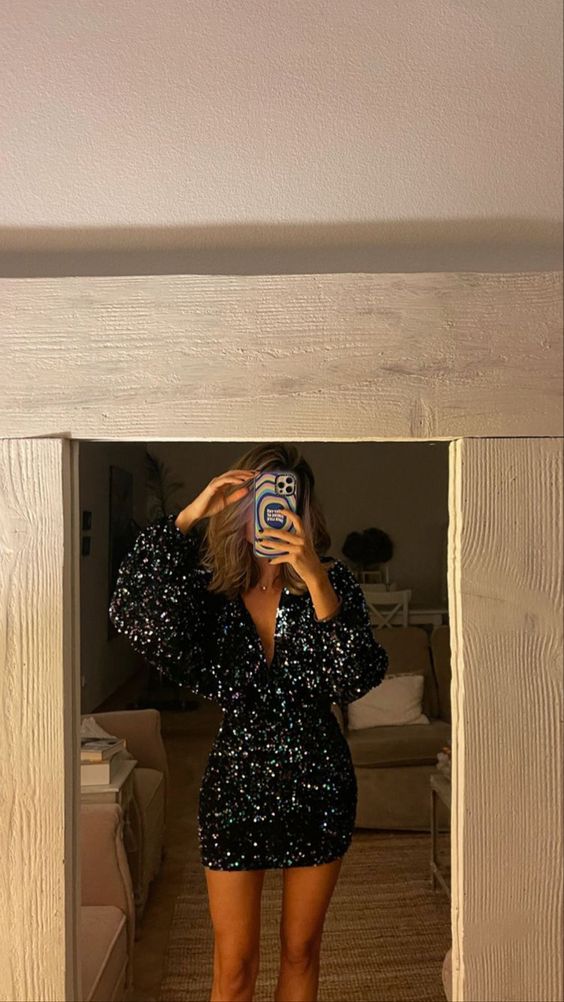 Black Sequin Bodycon Cocktail Dress Sexy Black Short Homecoming Dress Y462