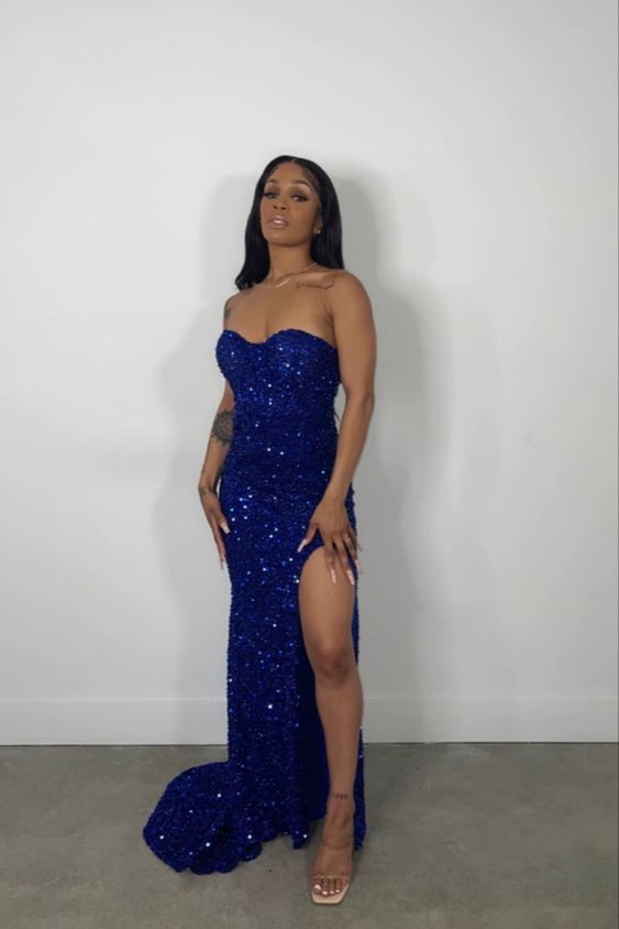 Royal Blue Strapless Sequins Evening Dress Side Slit Classy Royal Blue Prom Dress Y490