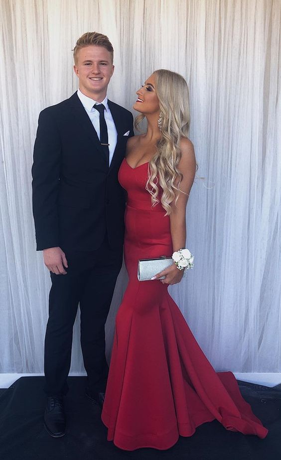 red prom dress with tux Tan and red prom suit