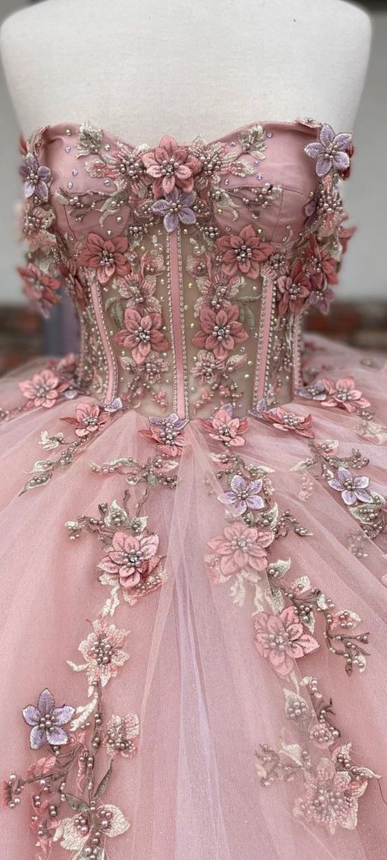 Pink Glitter 3D Flowers Beaded Ball Dress Beautiful Pink Princess Dres Simplepromdress Pink Glitter 3D Flowers Beaded Ball Dress Beautiful Pink Princess Dres Simplepromdress