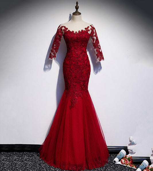 Burgundy lace long prom dress mermaid evening dress s110