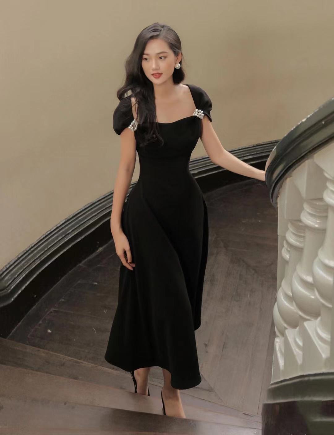 Black, pearl button-down, elegant half-sleeve prom dress, vintage dress Y1360