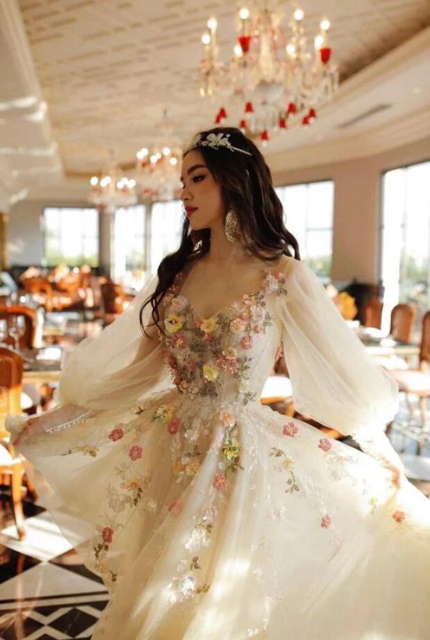 Beautiful Tulle Light Champagne Prom Dress With Flowers Puff Sleeves,F Simplepromdress Beautiful Tulle Light Champagne Prom Dress With Flowers Puff Sleeves,F Simplepromdress