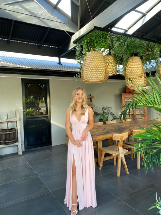 Pink Chiffon Bridesmaid Dress Long ,Pink V-Neck Split Front Open Back,Pink Sleeveless Prom Dress Y1240