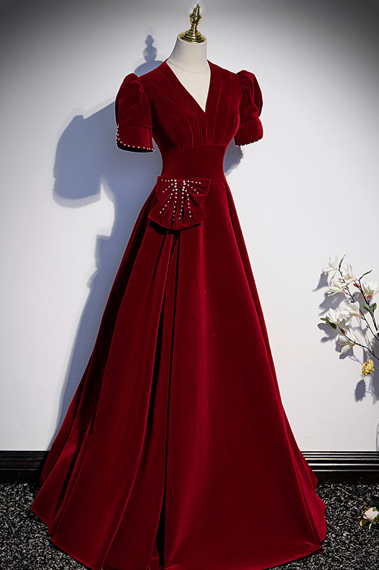 Burgundy v neck long prom dress A line evening dress s54