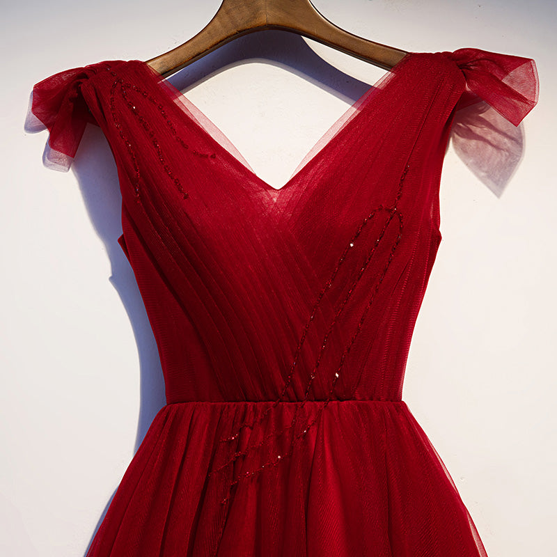 Burgundy v neck tulle short homecoming dress s95