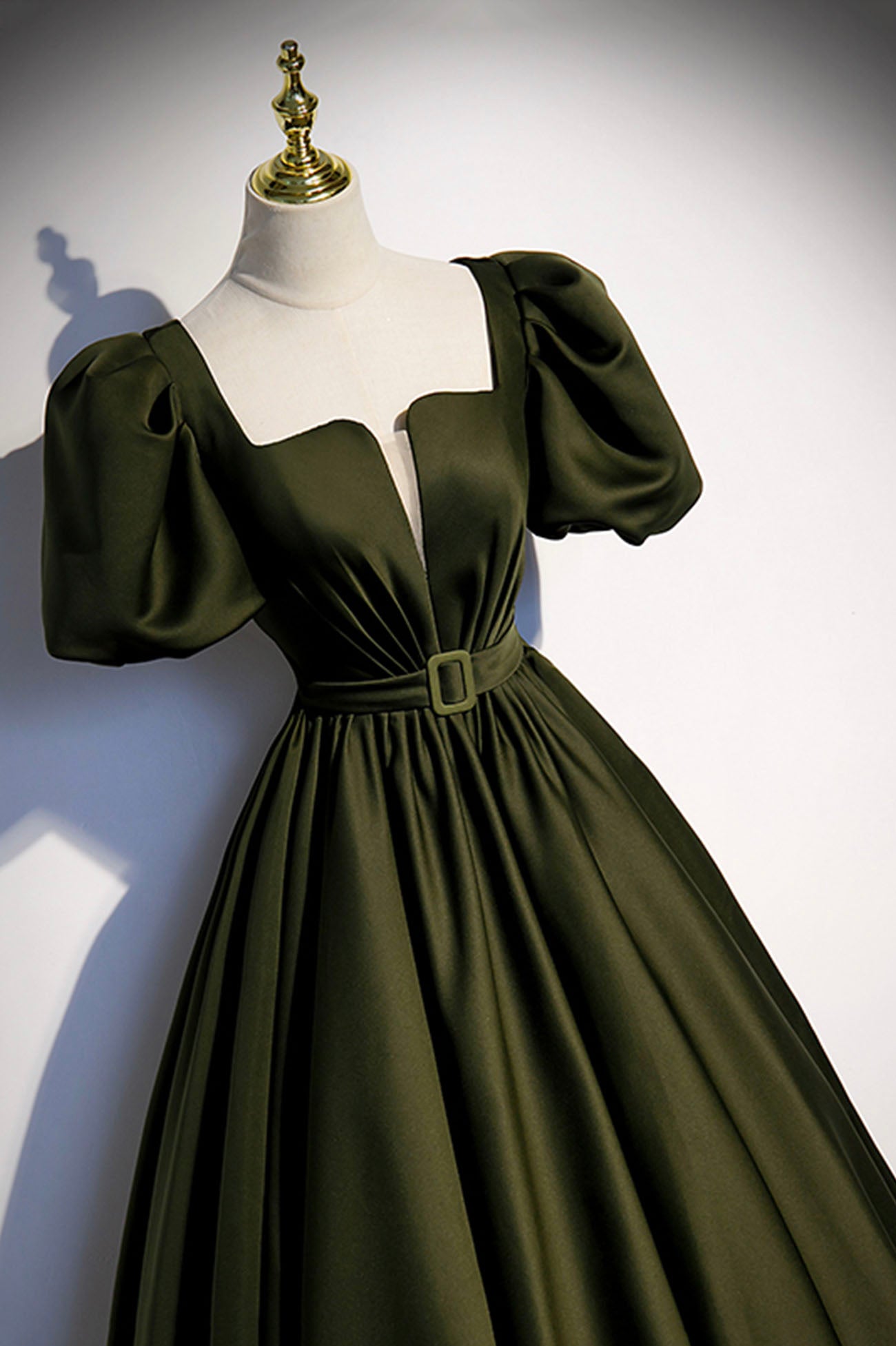 Green satin long prom dress A-line evening dress s87