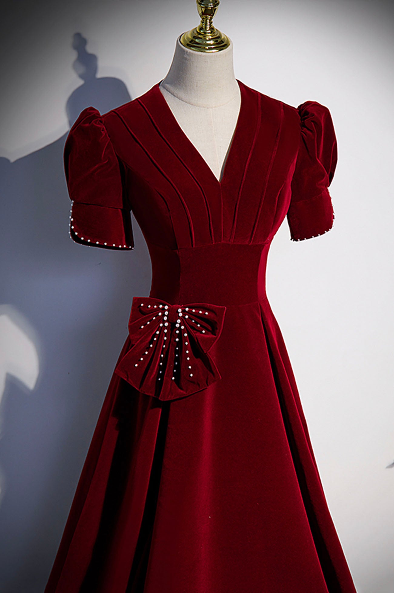 Burgundy v neck long prom dress A line evening dress s54