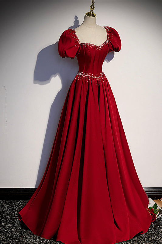 Burgundy A-line satin long prom dress evening dress s85