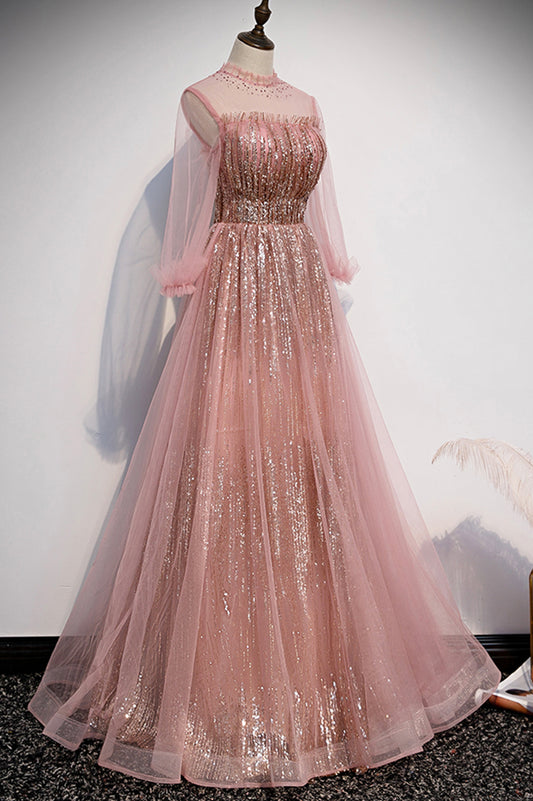 Pink tulle sequins long prom dress pink evening dress s109