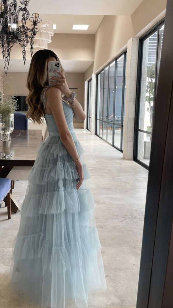 Sweet Light Blue Tulle Prom Dresses,Ruffles Pleated Light Blue Evening Simplepromdress Sweet Light Blue Tulle Prom Dresses,Ruffles Pleated Light Blue Evening Simplepromdress