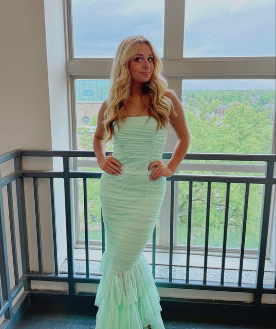 Mint Green Bandeau Fishtail Maxi Dress with Tiered Hem,Charming Mint G Simplepromdress Mint Green Bandeau Fishtail Maxi Dress with Tiered Hem,Charming Mint G Simplepromdress