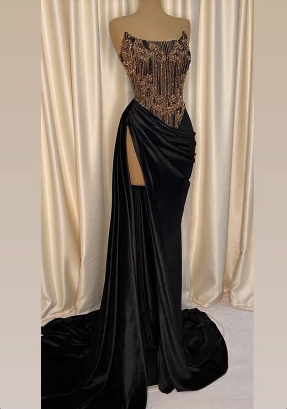 Black Strapless Long Evening Dress , Chic Black Prom Dress with High S Simplepromdress Black Strapless Long Evening Dress , Chic Black Prom Dress with High S Simplepromdress