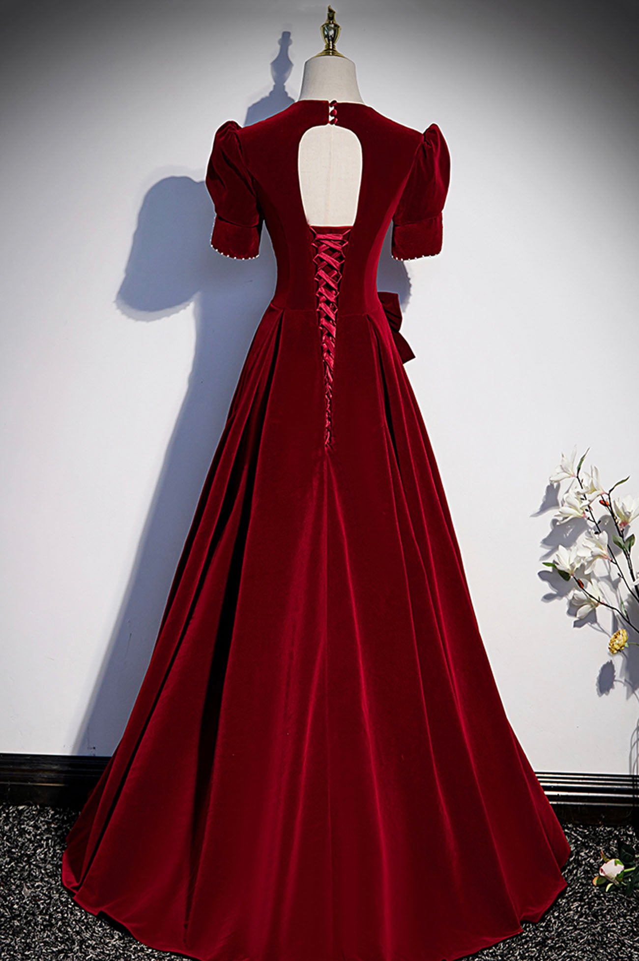 Burgundy v neck long prom dress A line evening dress s54