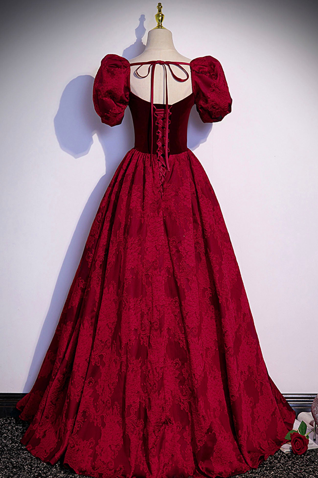 Burgundy velvet jacquard long prom dress evening dress s89