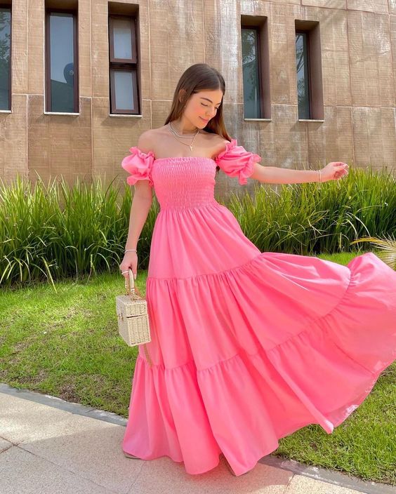 Flounce Sleeve Off Shoulder Pink Prom Dress,Graduation Dress,Springtim Simplepromdress Flounce Sleeve Off Shoulder Pink Prom Dress,Graduation Dress,Springtim Simplepromdress