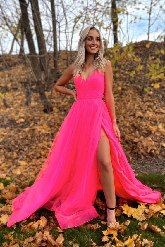 Simple v neck tulle hot pink tulle formal dress, hot pink tulle prom d Simplepromdress Simple v neck tulle hot pink tulle formal dress, hot pink tulle prom d Simplepromdress