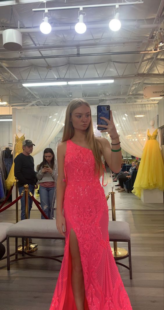 Charming One Shoulder Pink Sequins Long Prom Dresses With Slit Y1629