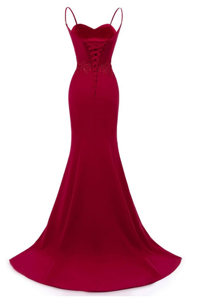 Dark Red Straps Long Prom Dresses, Mermaid Evening Dresses, Dark Red Formal Dresses Y1037
