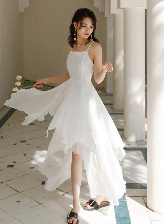 White Chiffon High Low Chic Simple Wedding Party Dress, White Short Pr Simplepromdress White Chiffon High Low Chic Simple Wedding Party Dress, White Short Pr Simplepromdress