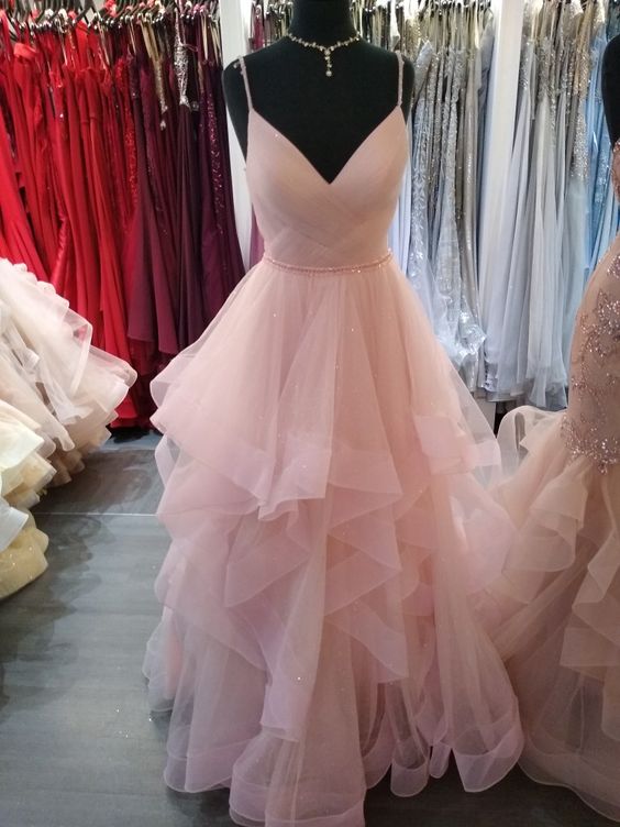 Romantic Pink Spaghetti Straps A-line Tiered Ruffles Prom Dress,Glitte Simplepromdress Romantic Pink Spaghetti Straps A-line Tiered Ruffles Prom Dress,Glitte Simplepromdress